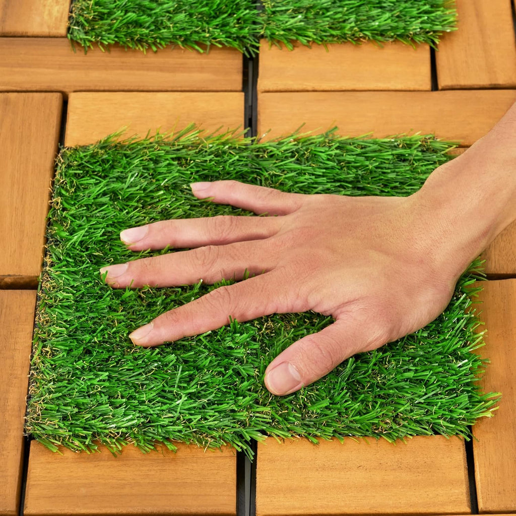 Interlocking Acacia Wood and Artificial Grass Deck Tiles, 12"x12", 0.94" Thick, Outdoor Patio Flooring for Garden