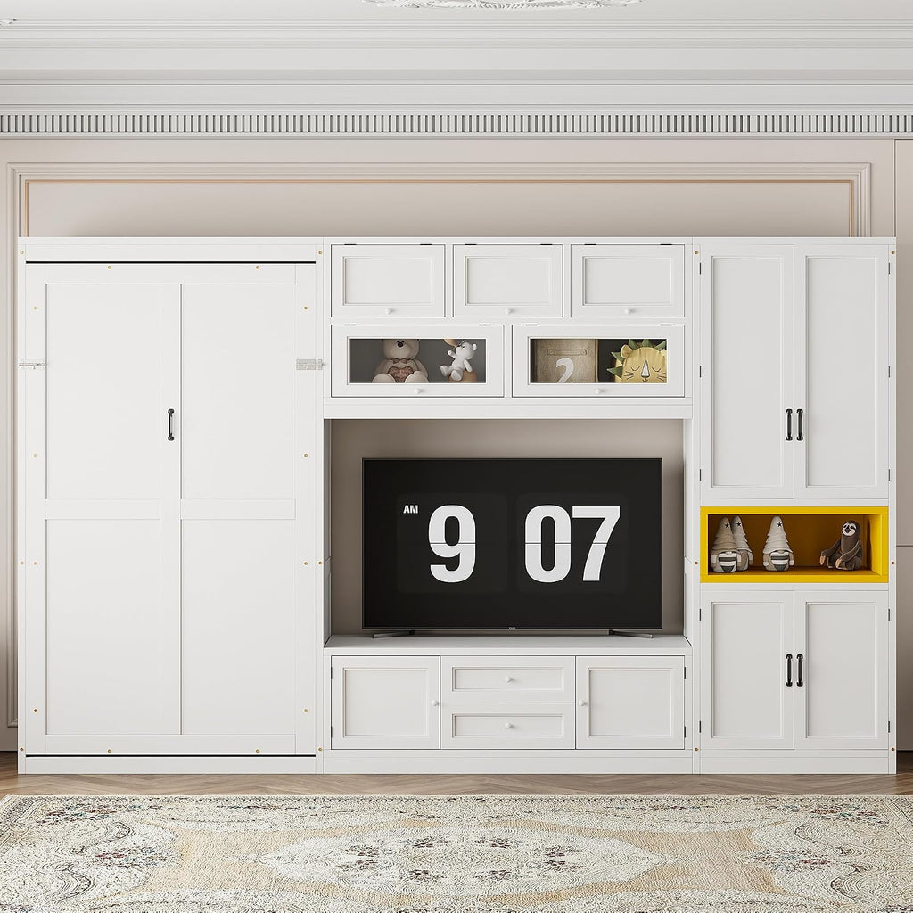 Twin Murphy Bed with TV Stand and Storage, Solid Wood Construction - White, Space-Saving Design