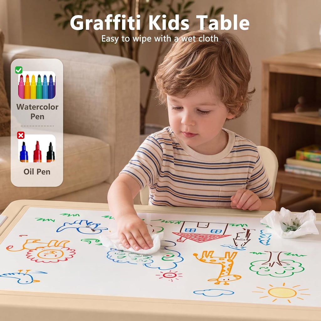 Kids Table & 2 Chairs Set, Adjustable Heights, Storage, Khaki