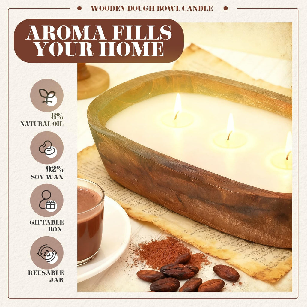 Dough Bowl Candle, 3-Wick Wooden Scented Candle Decor