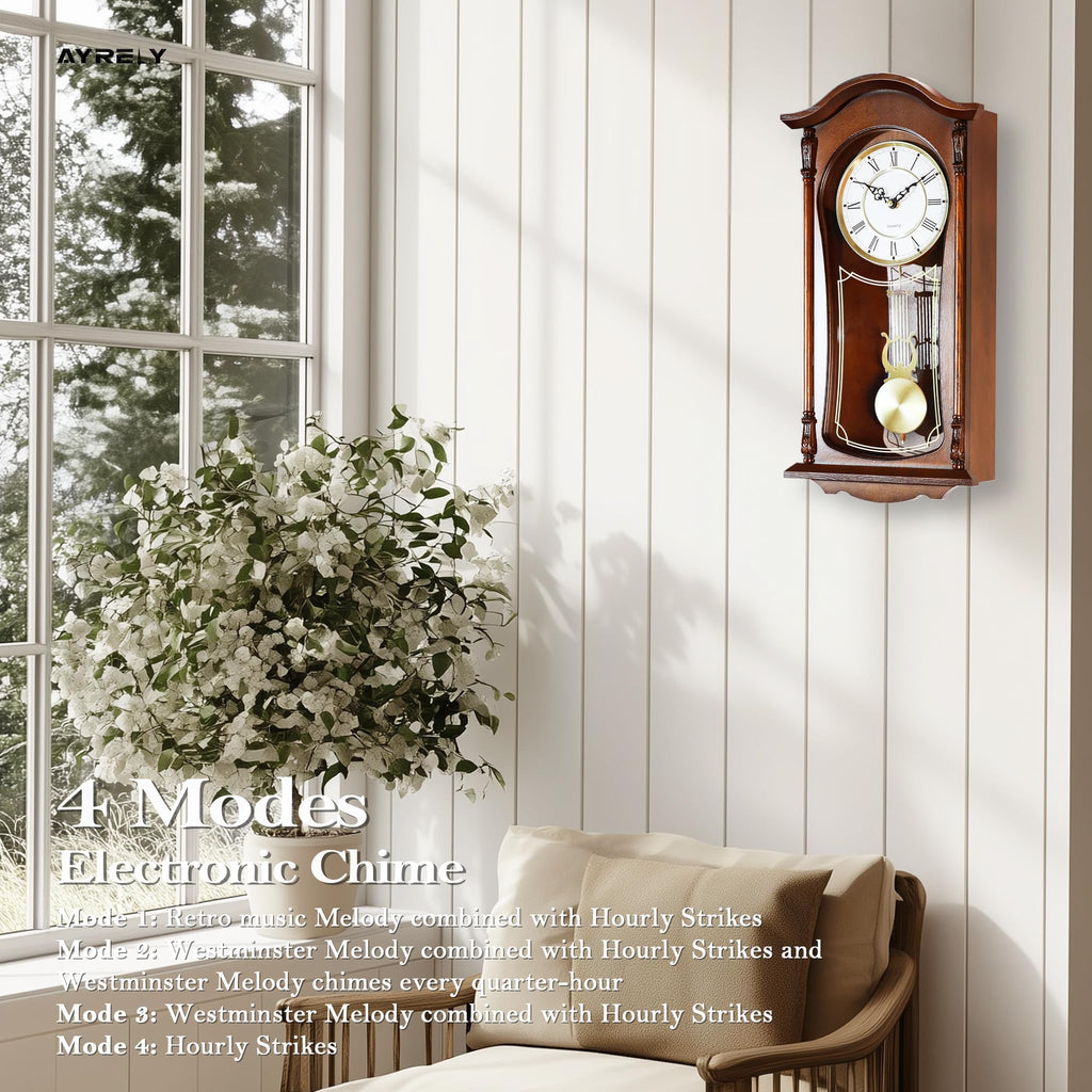 22IN Grandfather Vintage Wall Clock with Pendulum and Chime, Hour/Quarter-Hour Chime, Mahogany Wooden Frame, Large