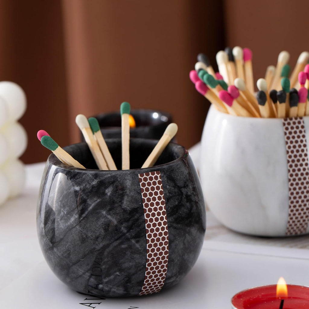 Decorative Marble Match Holder - Matches Box for Long Matches Sticks- Matches in a Jar with Striker(Wooden Matches
