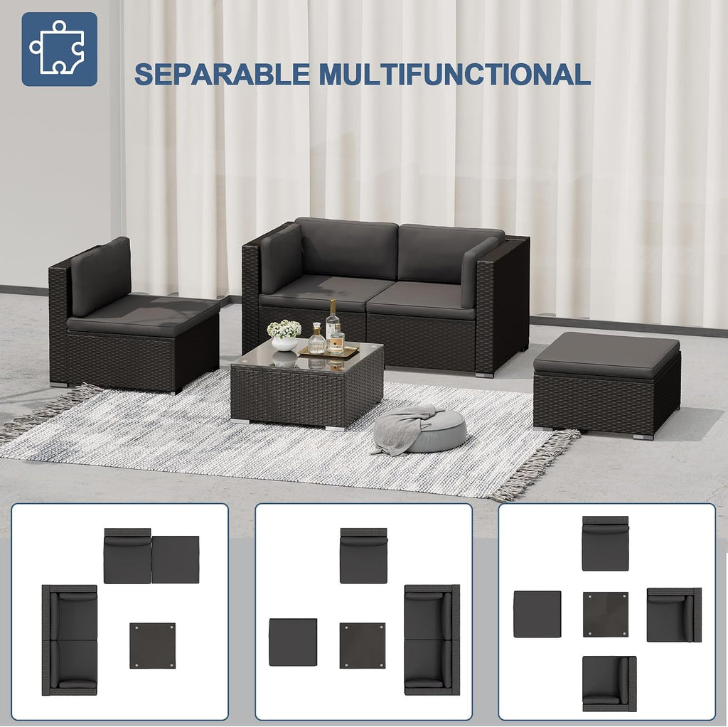 5-Piece Outdoor Patio Furniture Set, All-Weather PE Rattan Sectional Sofa with Ottoman, Glass Coffee Table &