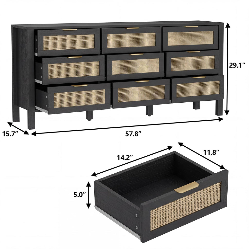 9 Drawer Dressers, Rattan Dresser with Drawers, Modern Wood Dresser with Metal Handles, Chest of Drawers (Black-9