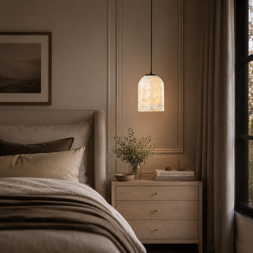 1 Light W7 in Small Coastal Capiz Shell Pendant Light Modern Farmhouse Cylinder Hanging Light Whit Natural White