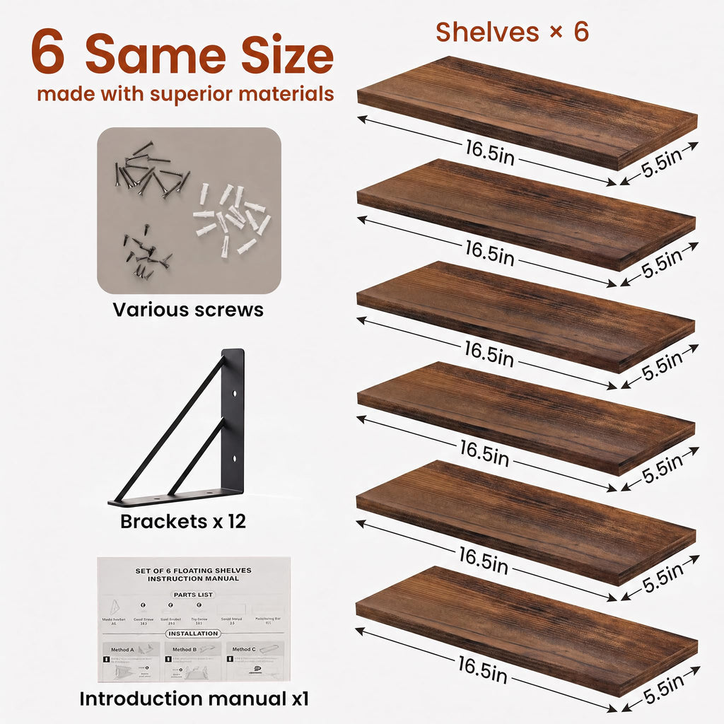 Wall Mounted Floating Shelves (Rustic Brown, Set of 6, 16" Uniform)