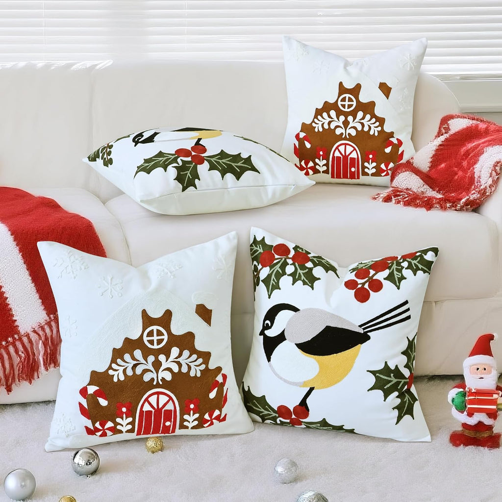 Christmas Pillow Covers 18x18 Inch, Cute Bird Decorative Throw Pillow Cover, Embroidered Square Pillowcases Winter