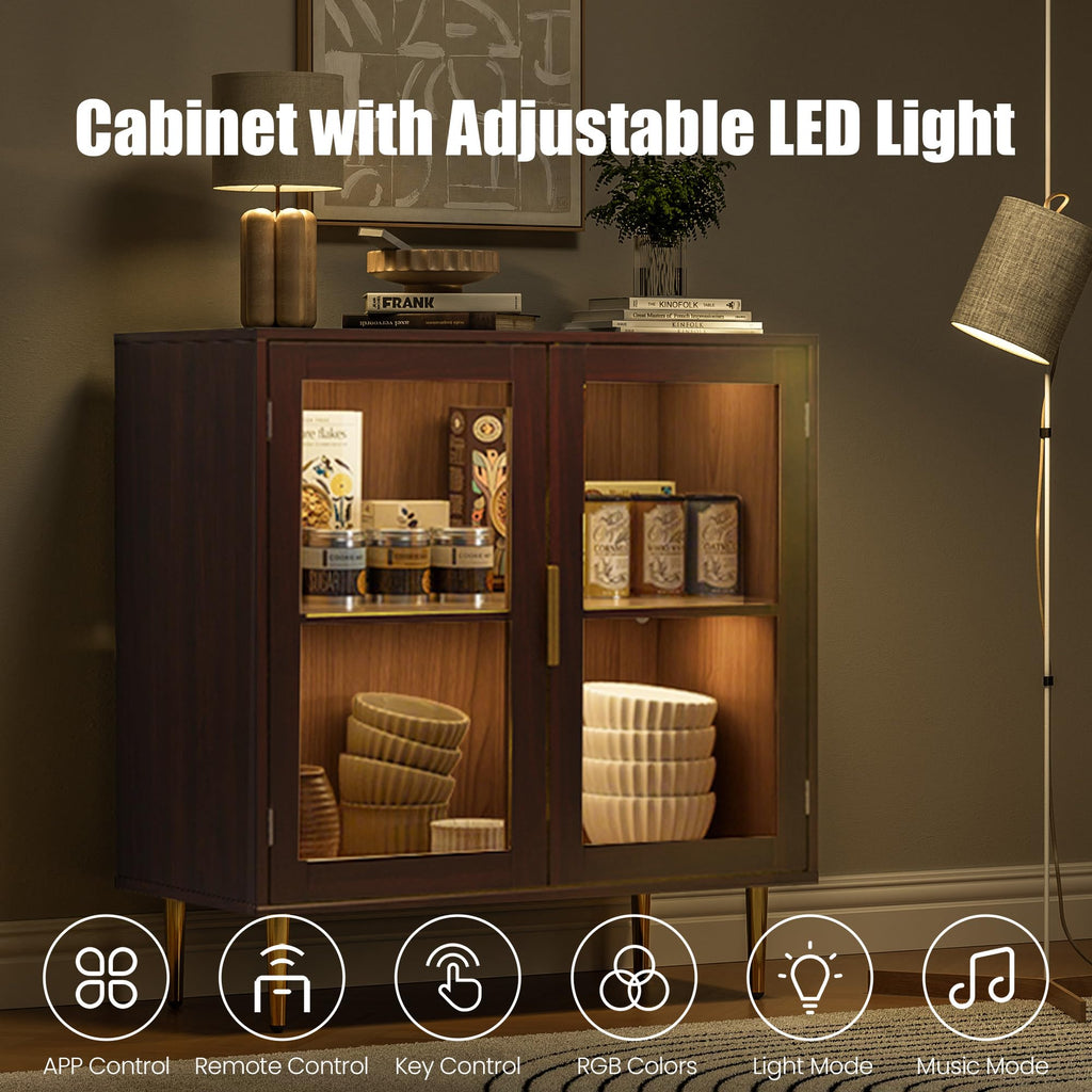 Buffet Cabinet Set of 2, Sideboard Cabinet with LED Lights, Walnut