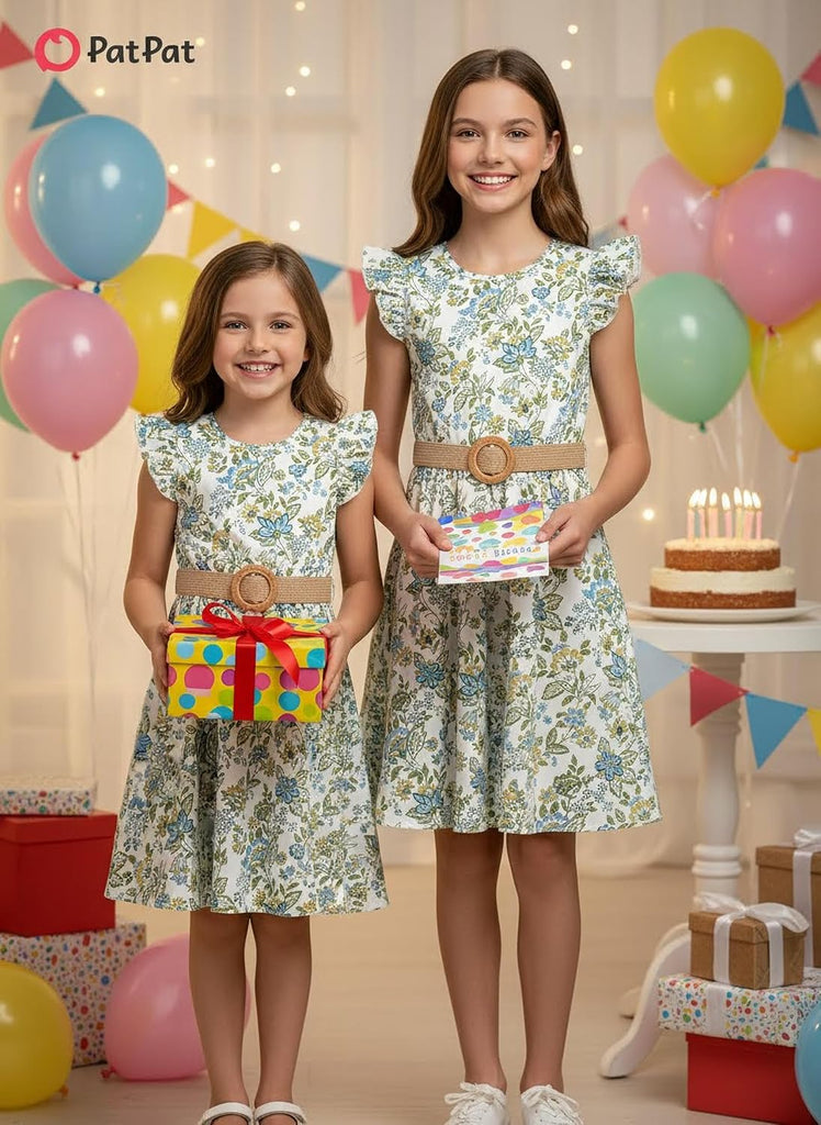 Girls Boho Floral Swing Dress Ruffle Sleeve Braided Belt