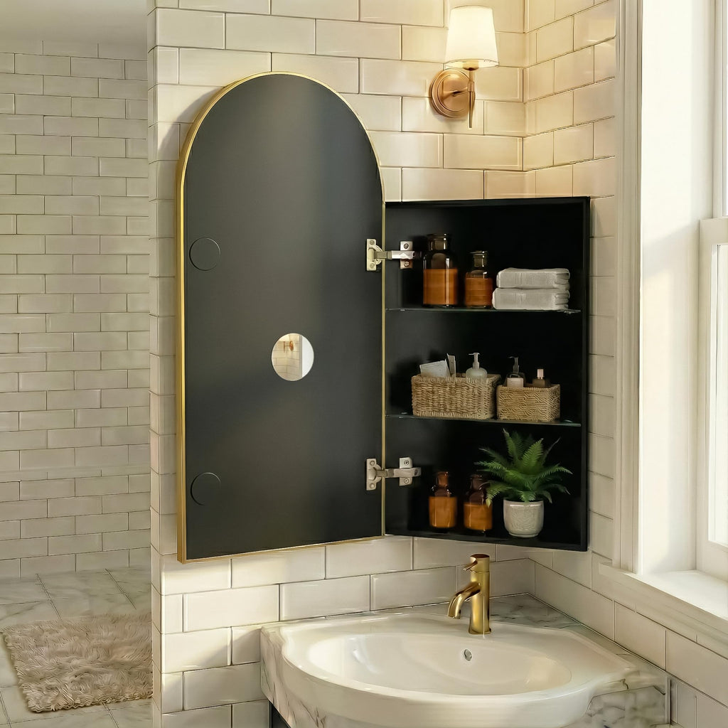 LED Corner Medicine Cabinet with Mirror, One-Touch Defogger, Arched Wall Mount Corner Bathroom Mirrored Cabinets