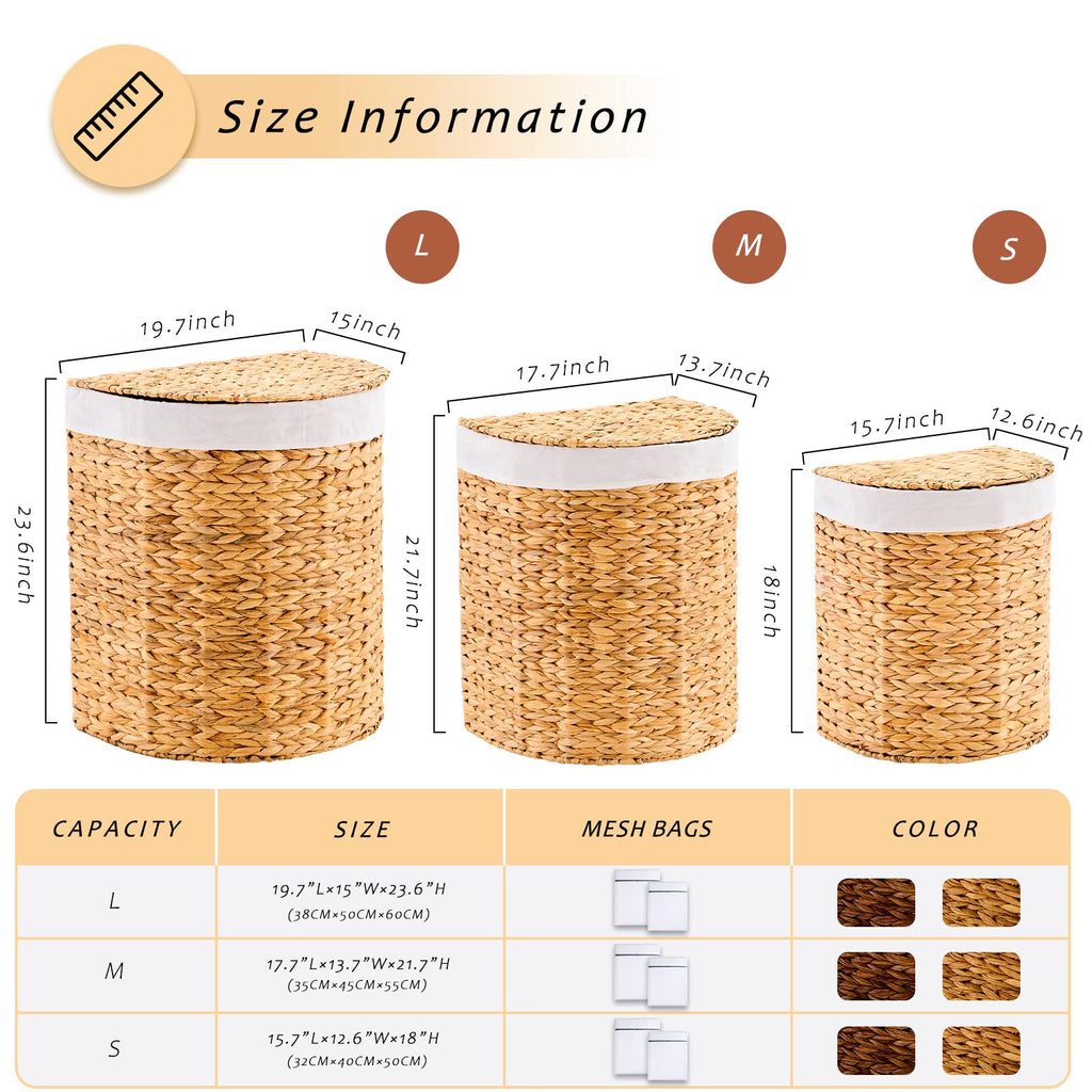 Half Moon Natural Water Hyacinth Laundry Hamper, 60L, Natural