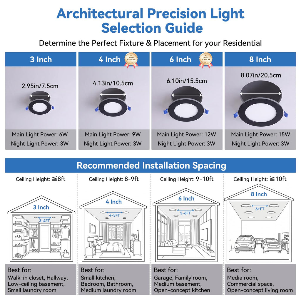 6 Inch Black Recessed Lights with Night Light, 16 Pack