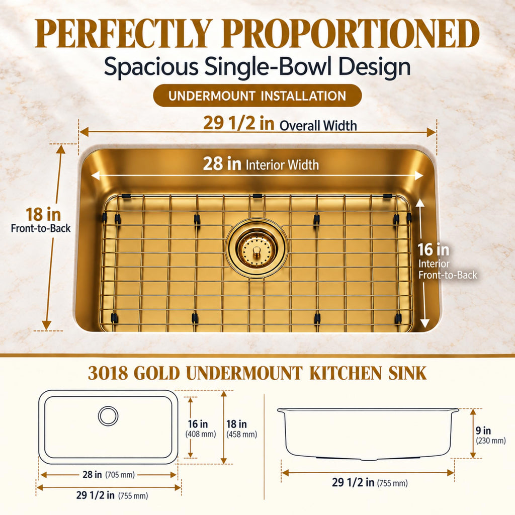 Gold Kitchen Sink, 30 Inch Stainless Steel Undermount Sink