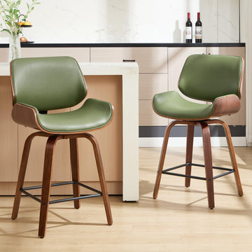 Swivel Bar Stools Set of 2, 24" Upholstered Faux Leather Barstools, Mid Century Modern Counter Height Barstools with