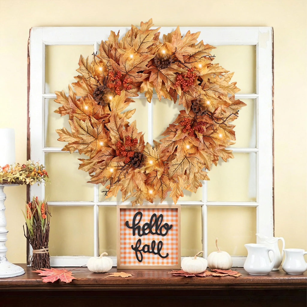 24in Pre-lit Fall Wreaths for Front Door with 20 Lights & Timer