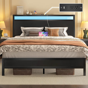 Queen Bed Frame with Headboard & Footboard, Bed Frame with Built-in Charging Station & LED Light, Storage Shelf