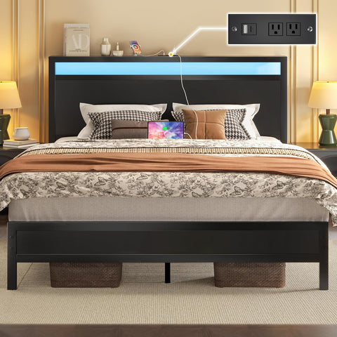 Queen Bed Frame with Headboard & Footboard, Bed Frame with Built-in Charging Station & LED Light, Storage Shelf