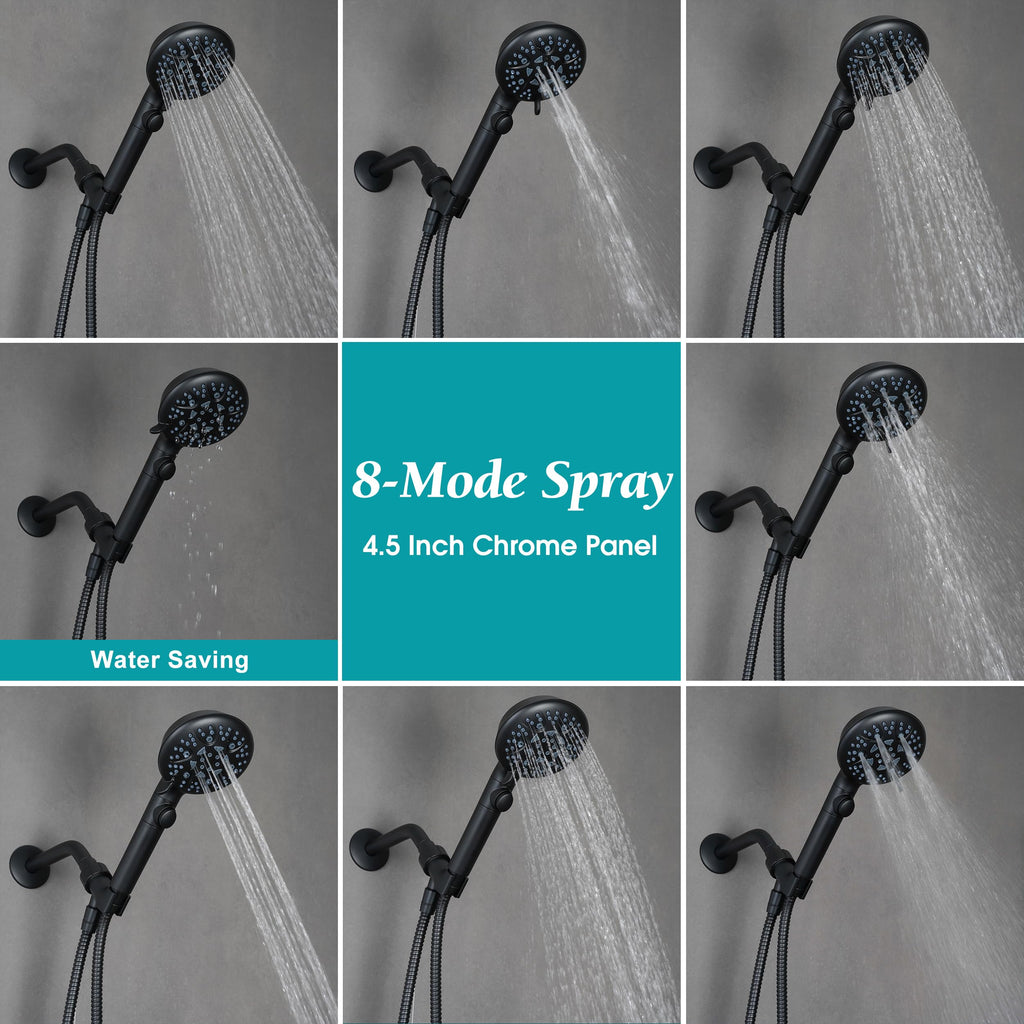 Handheld Shower Head with On Off Switch, 8-mode High Pressure Shower Wand with Long Hose and Bracket Extra Adhesive