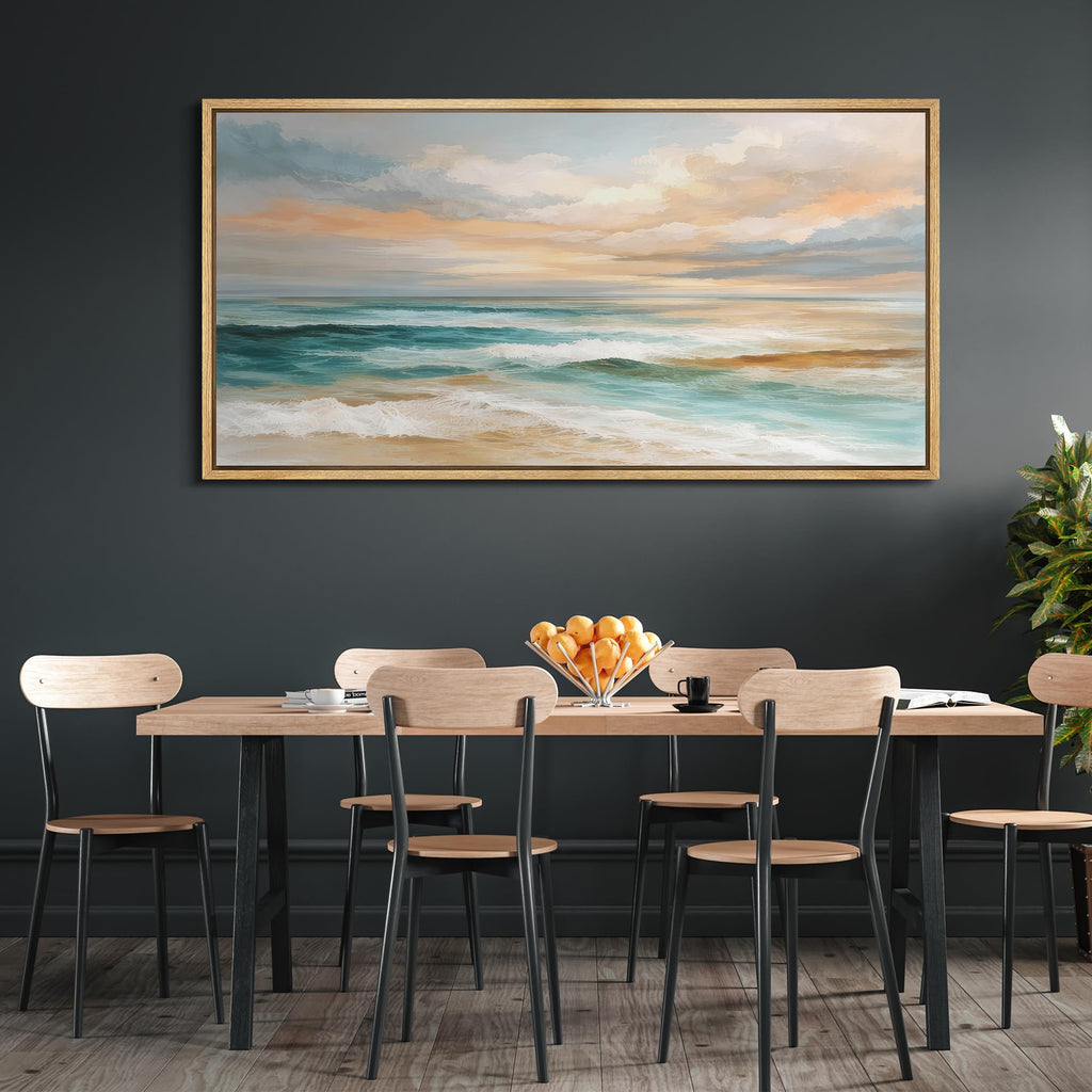 Extra Large Framed Canvas Print Wall Art Sunset Teal Ocean Wave Coastal Illustrations Decorative Colorful Multicolor