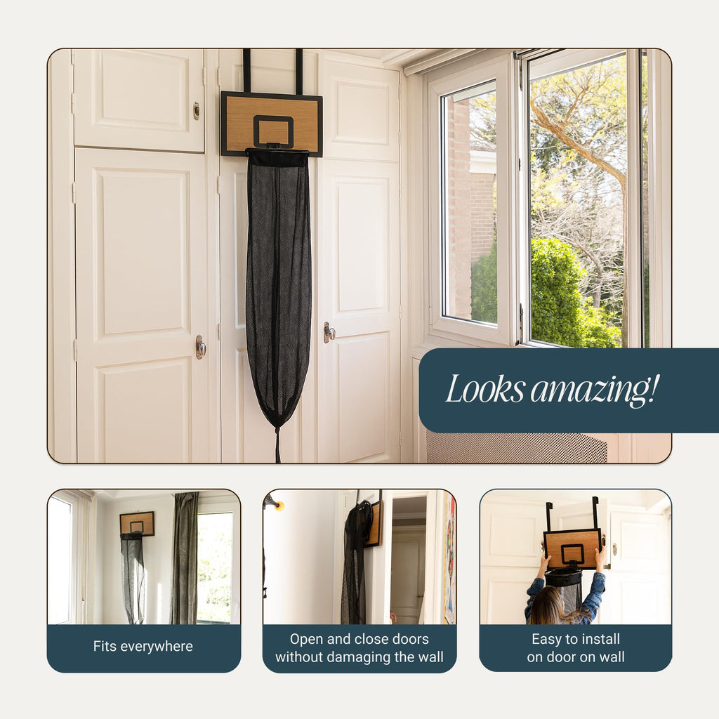Basketball Laundry Hamper - Wooden Backboard & Mesh Hoop Laundry Basket - Over Door Hanging Organizer for Kids