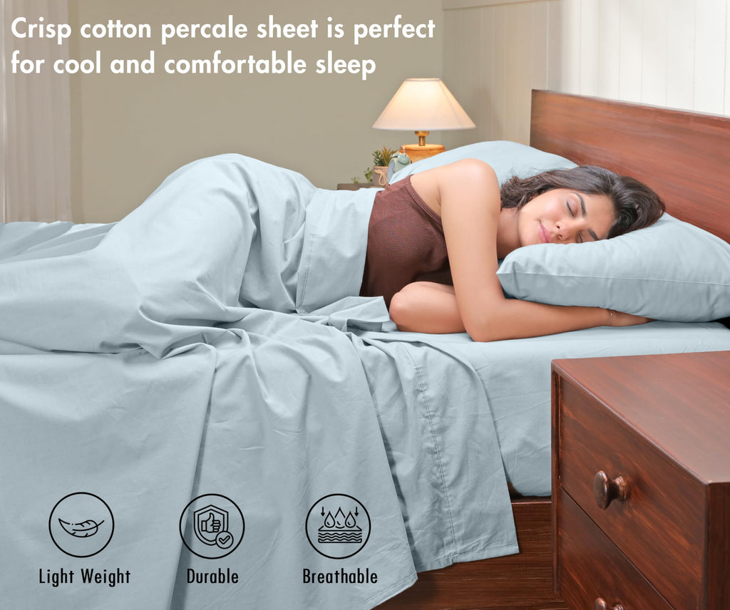 100% Cotton Queen Sheets, Percale Queen Sheet Set, Ice Blue