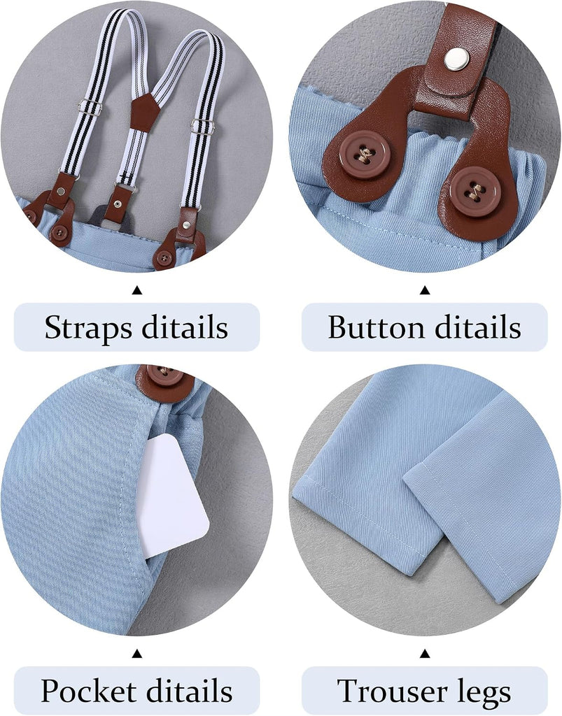Boys Clothes Formal Suit Gentleman Wedding Outfit Short Sleeve Shirt with Bow Tie and Suspender Pants