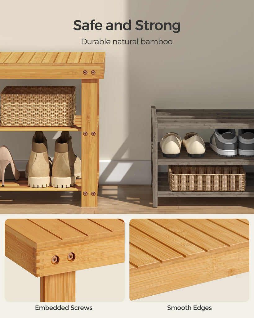 Shoe Rack Bench, 3-Tier Bamboo Entryway Bench, 35.2 Inches Width