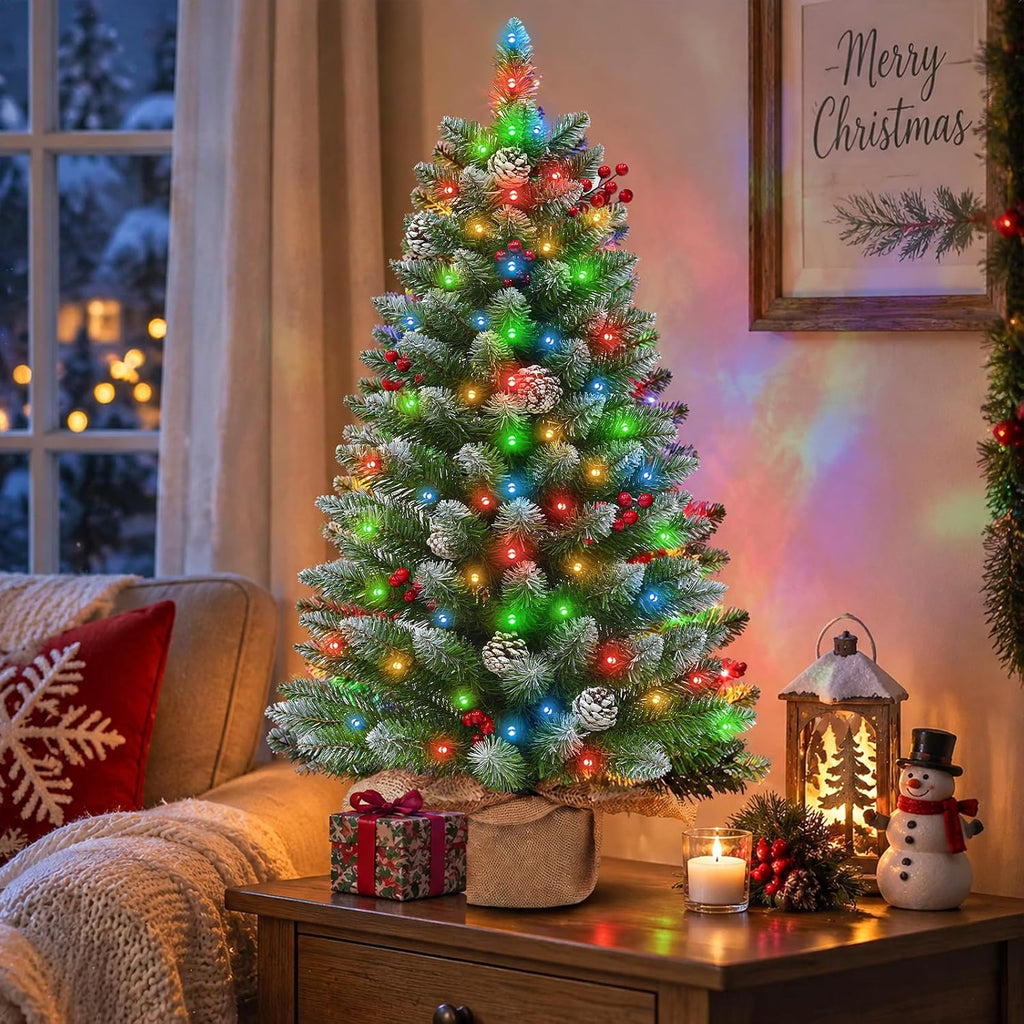 Timer - 3FT Artificial Mini Christmas Tree, Snowy Tabletop Christmas Tree