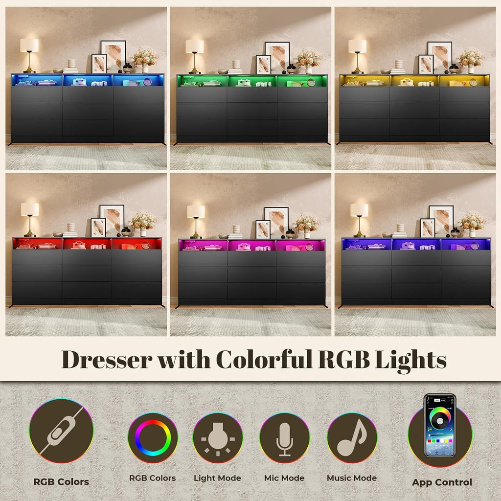 Drawer Dresser with Power Outlet, Black Dressers with LED Light, Dresser Chest of Drawers for Closet, Wood Dressers