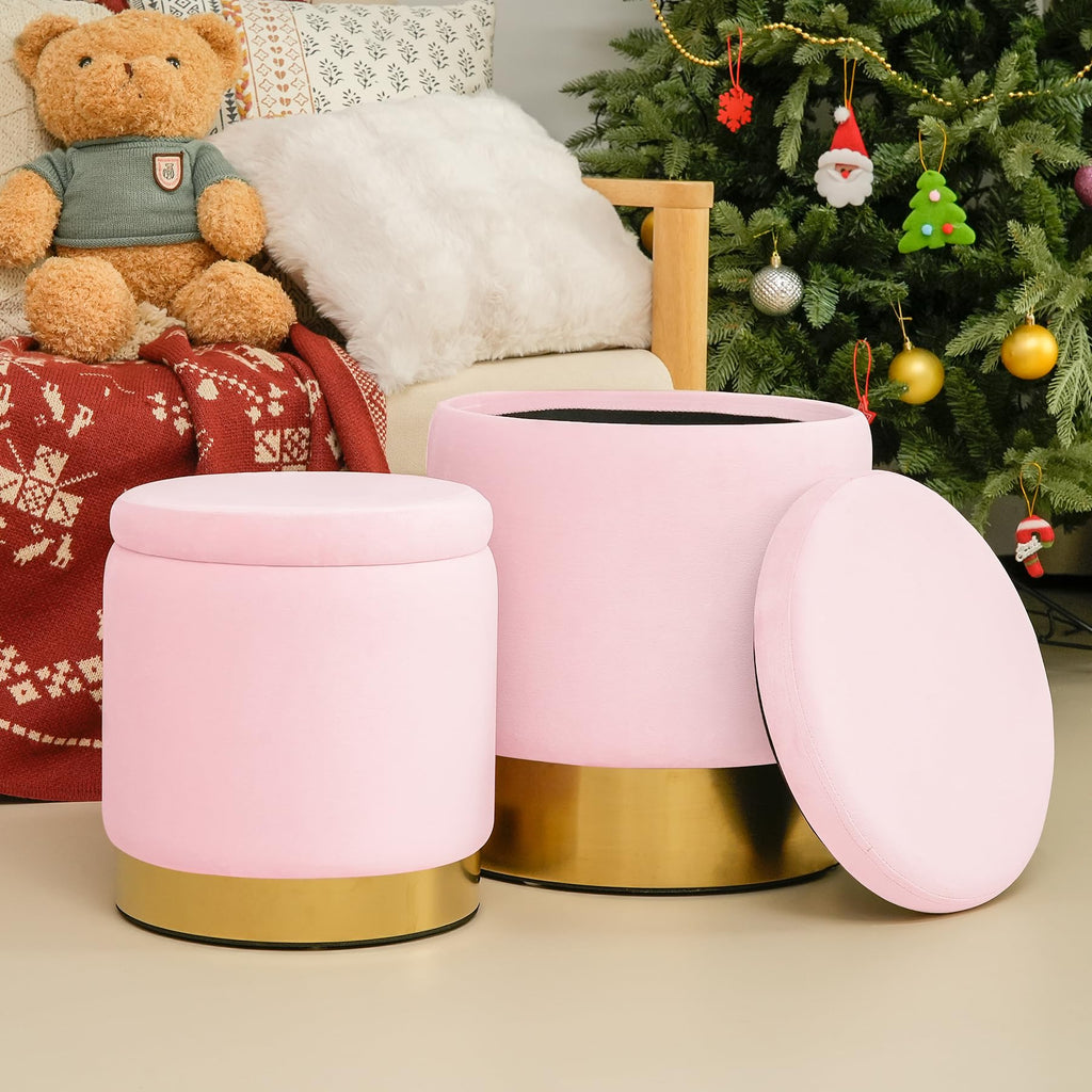 Round Storage Ottoman, Pink Velvet Ottoman with Storage, Upholstered Ottoman Foot Rest Stool with Gold Plating Base