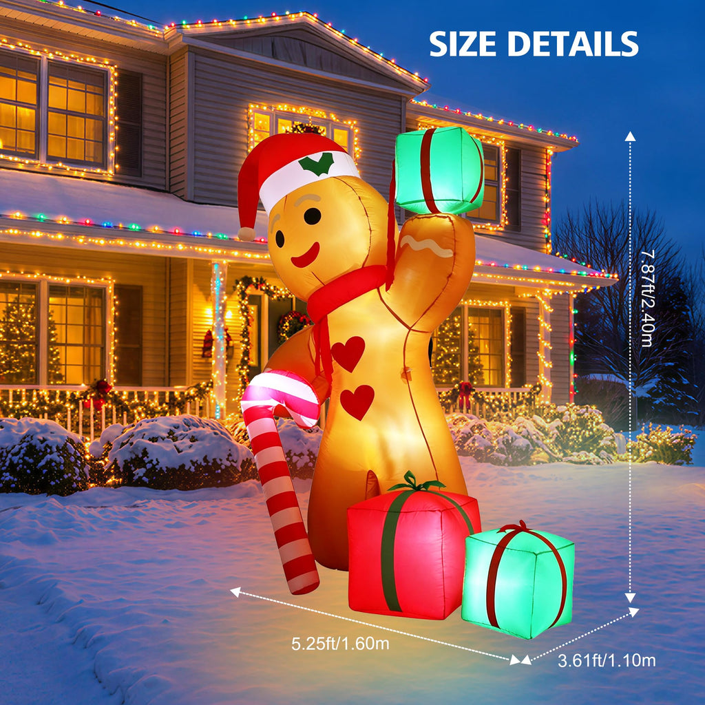 7.9FT Christmas Inflatables Gingerbread Man Candy Cane Outdoor Decor