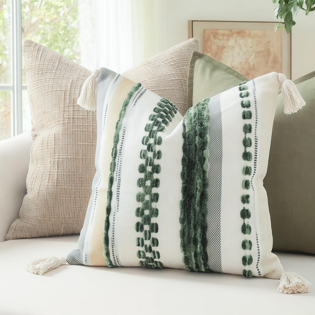 Chenille Farmhouse Throw Pillow Covers 16 x 16 Dark Green, Neutral Boucle Couch Pillow Cover, Striped Decorative Boho