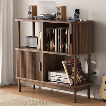 40" Large Record Player Stand with Charging Station, Mid Century Modern Turntable Cabinet with Sliding Doors, Wood