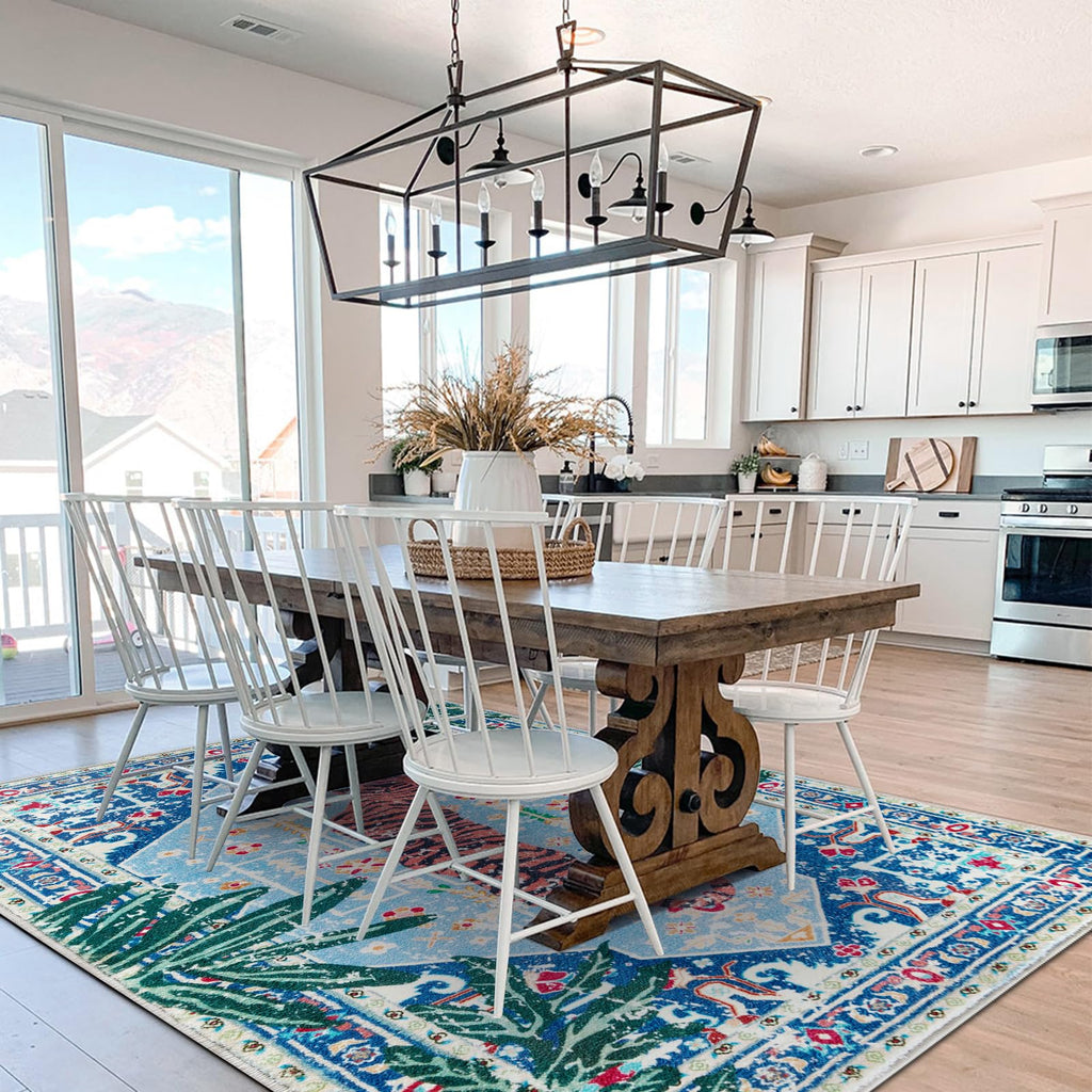 Washable Blue Rugs Thin Oriental Boho Vintage Tropical Jungle Area Rugs Kitchen Dining Living Room Office