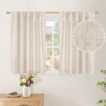 Linen Cafe Curtains 36 Inch Length for Small Windows, Half Drapes Semi Sheer with Rod Pocket and Back Tab Textured