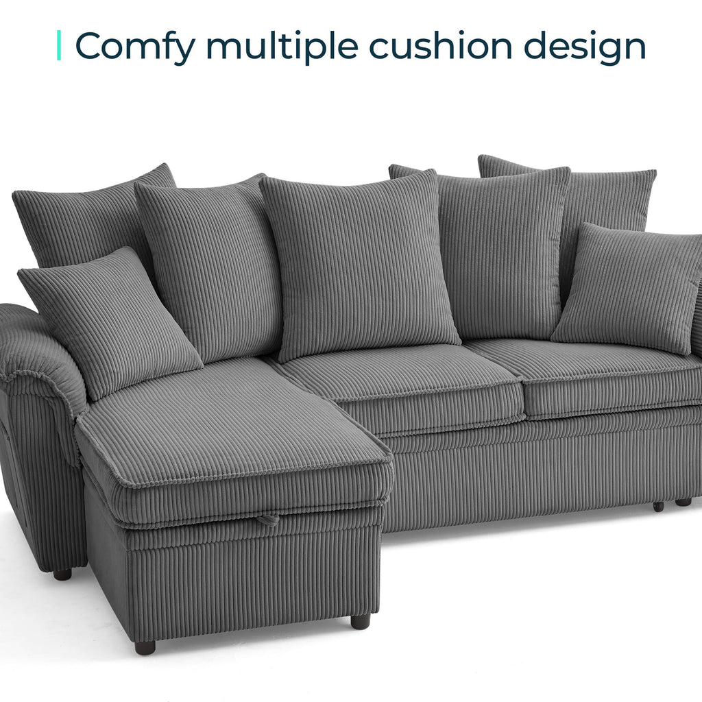 Sectional Couch with Pull Out Bed, Large Corduroy Modular Sleeper Sofa, Storage Chaise, Wide Armrest, 118" 4 Seats
