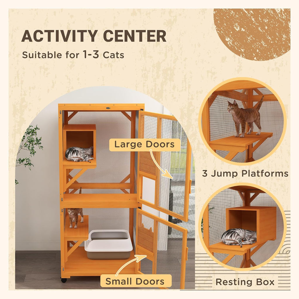 Wooden Catio with Waterproof Roof, Large Cat House with High-Up Resting Box, Indoor & Outdoor Cat Enclosure