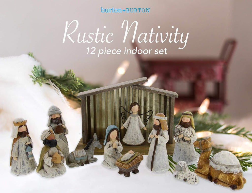 Burton and Burton 12 Piece Premium Nativity Set, Includes 11 Resin Figurines - A King is Born Scene Including Baby