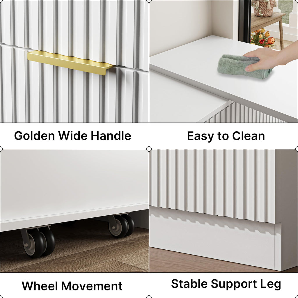 L-Shaped Rotatable 9 Drawer, 71" Wide Deformable White with Gold Metal Handles, Modern Fluted Chest of Drawers