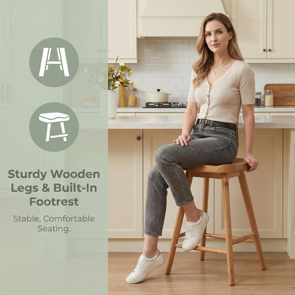 Backless Counter Height Bar Stools Set of 6, 24'' Modern Counter Stool Rustic Farmhouse Wooden Saddle Stools