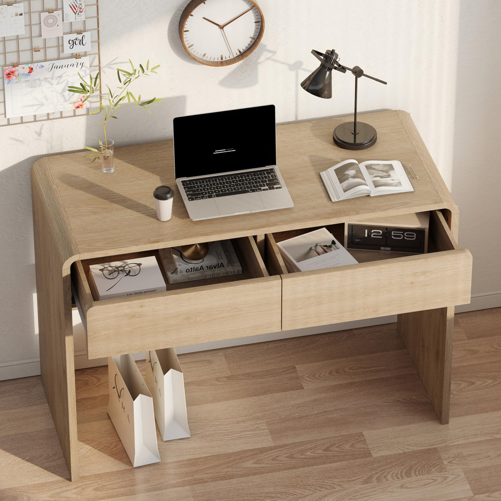 Desk with Drawers, 39.4 inch Small Writing Computer Desk, Modern Makeup Vanity Table, Wood Study Table with Storage