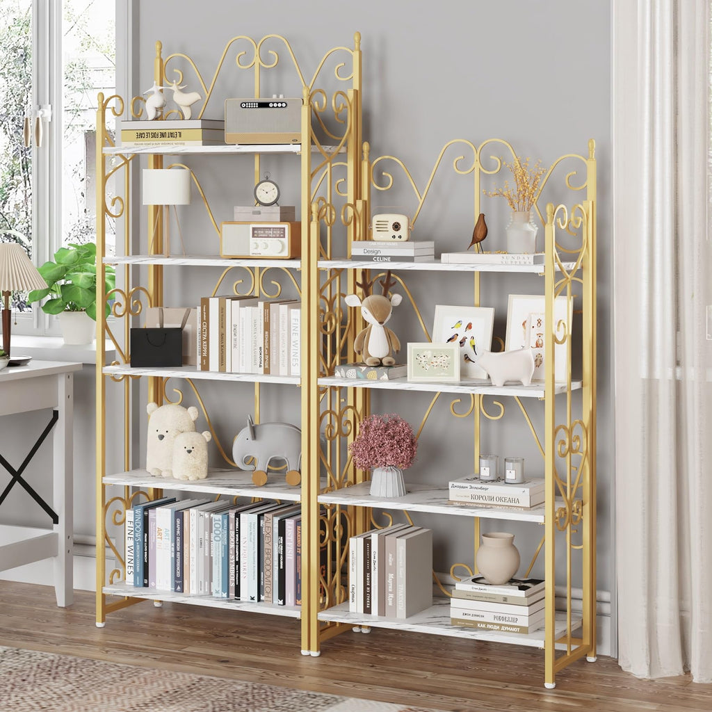 5 Tier Folding Bookshelf, Industrial Storage Shelves, No Assembly Vintage Wood Look Bookshelf with Storage Shelves