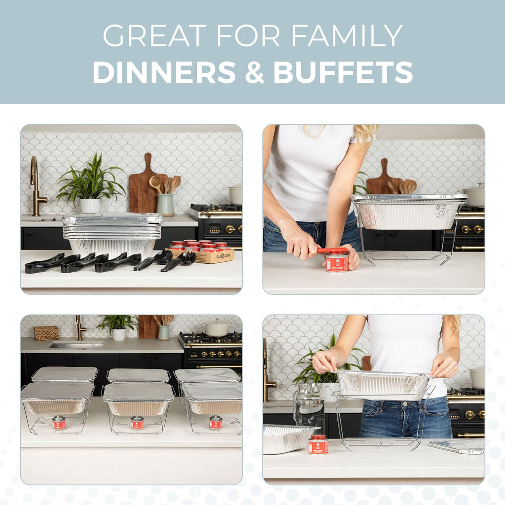 6 Pack - Disposable Chafing Dish Buffet Set, Half Size Pans, Welded Body Food Warmers for Parties, Fuel Cans Complete