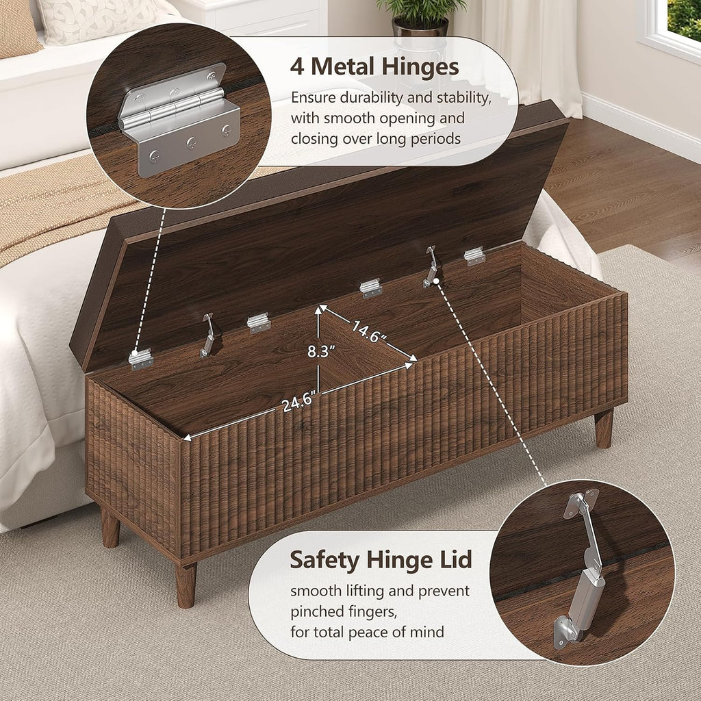 51" Storage Ottoman Bench, Fluted Wooden End of Bed Storage Bench with Leather Upholstererd, Mid-Century Modern