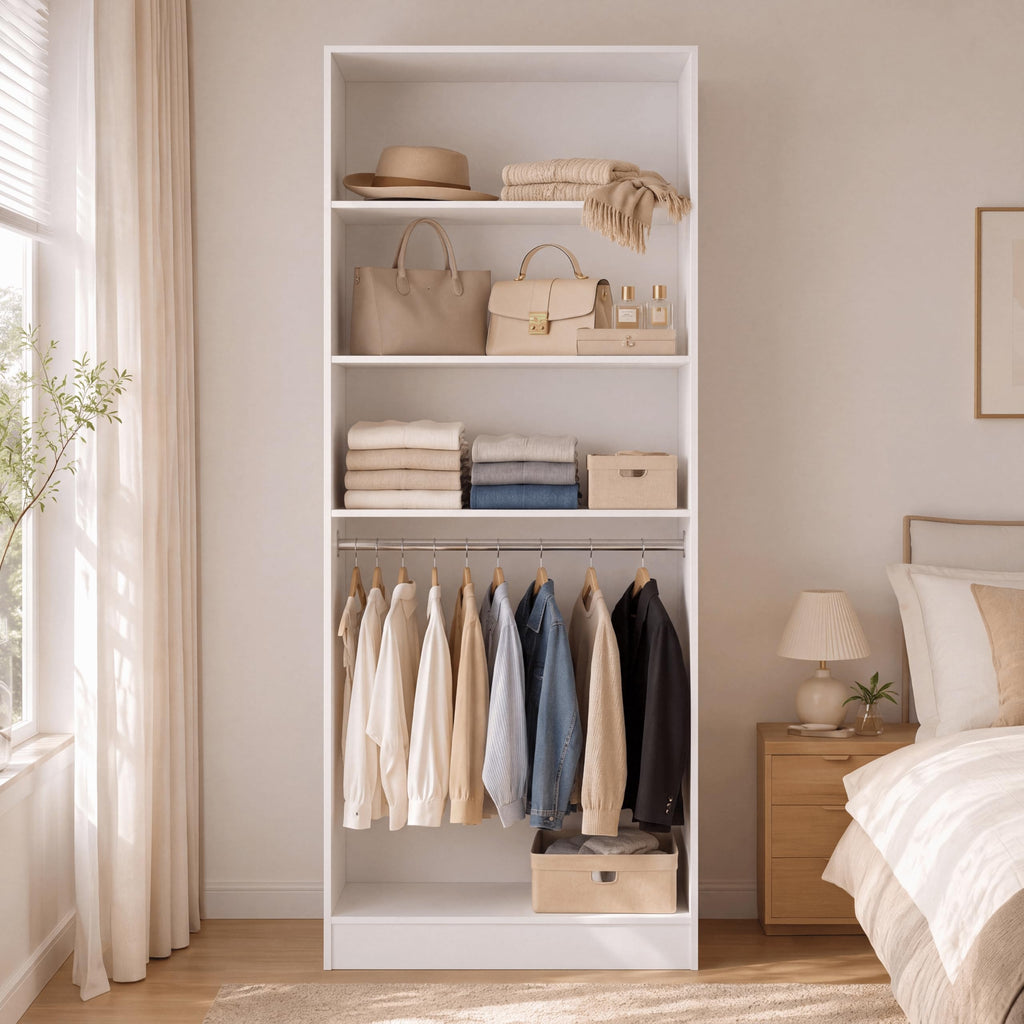 Closet Organizer System with Rod & 3 Shelves, Small Closet Wardrobe