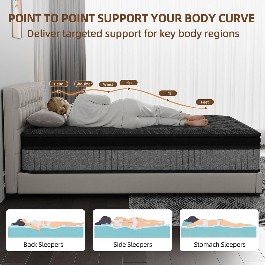 Queen Size 12 Inch Hybrid Mattress in a Box. Medium Firm Black and Gray Fabric Cover with Pocket Spring and Memory