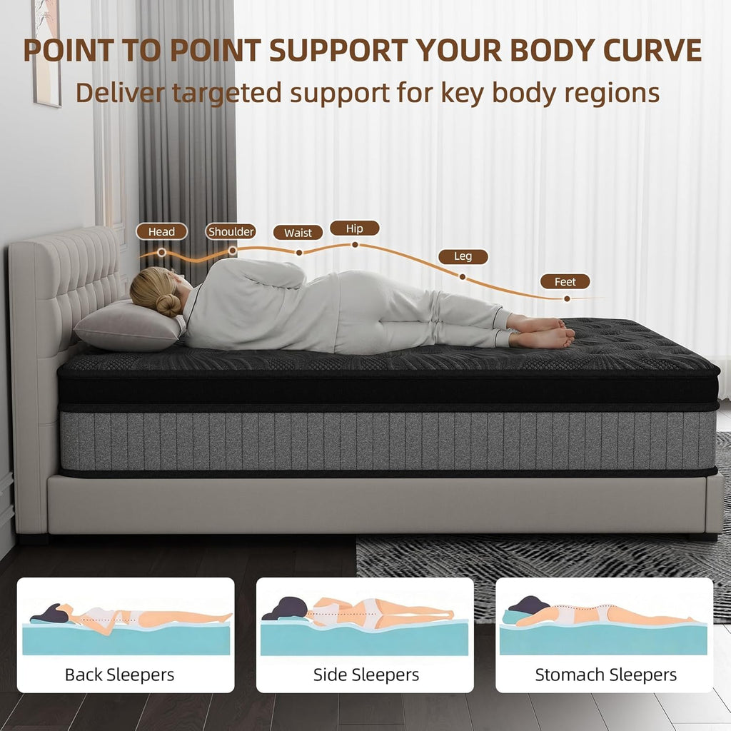 King Size 12 Inch Hybrid Mattress in a Box, Medium Firm Black and Gray Fabric Cover with Pocket Spring and Memory
