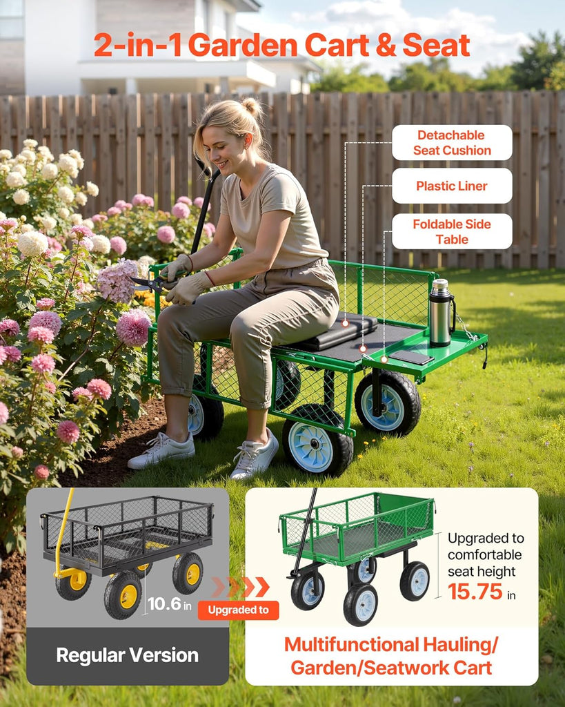 500 LBS Steel Garden Cart with Work Seat, Heavy Duty Garden Wagon Cart on Wheels, Outdoor Metal Utility Yard Wagon