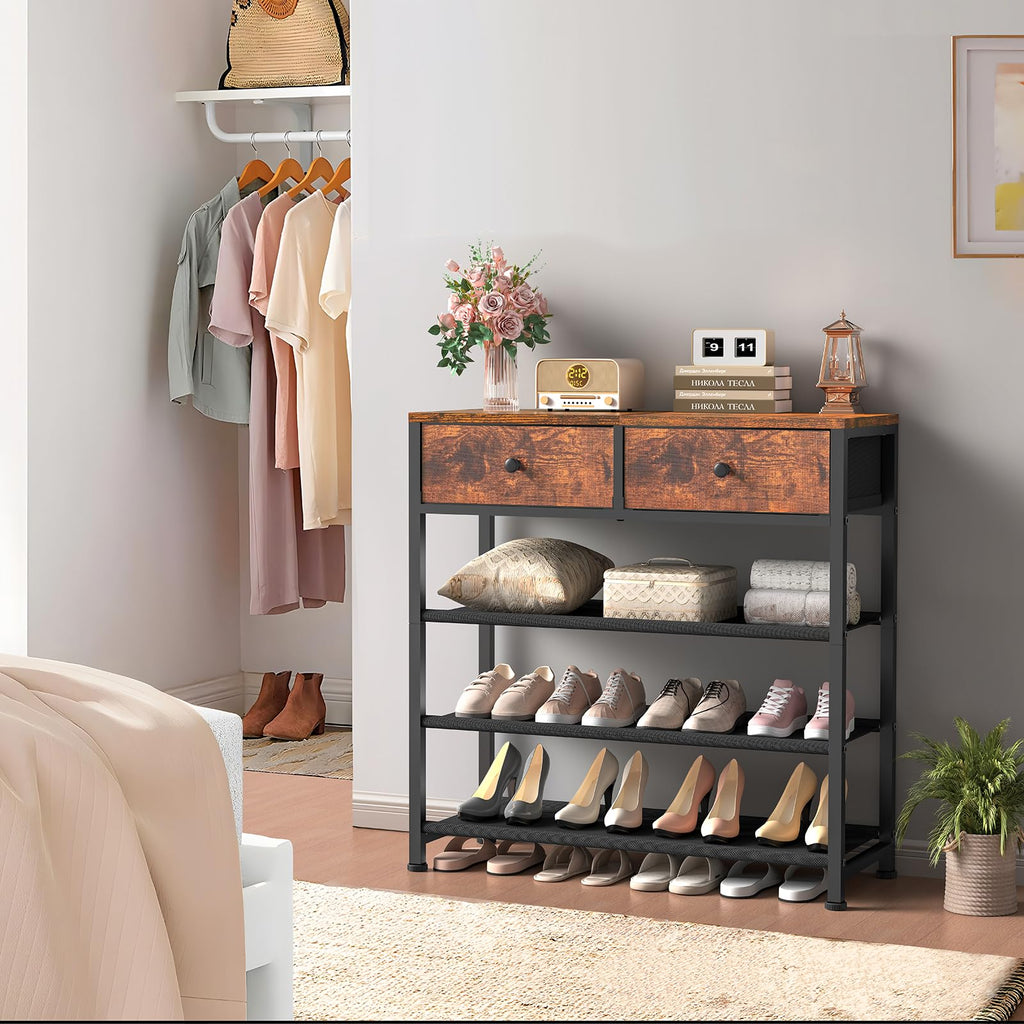 Shoe Rack, 4 Tier Shoe Storage Organizer with 2 Drawers, Metal Shoe Shelf for 9-12 Pairs of Shoes, with 3 Oxford