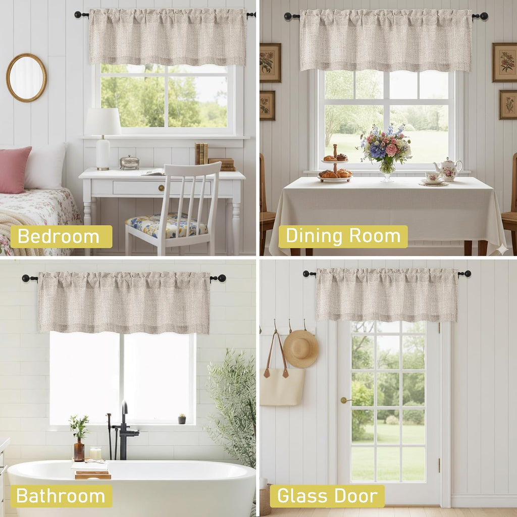 Linen Valances for Windows, Light Filtering Faux Linen Textured Small Short Window Curtain for Bathroom Basement